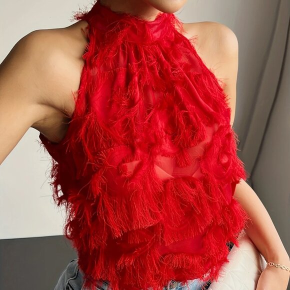 Red Fluffy Fringes Halter Neck Top Blouse - Picture 5 of 5